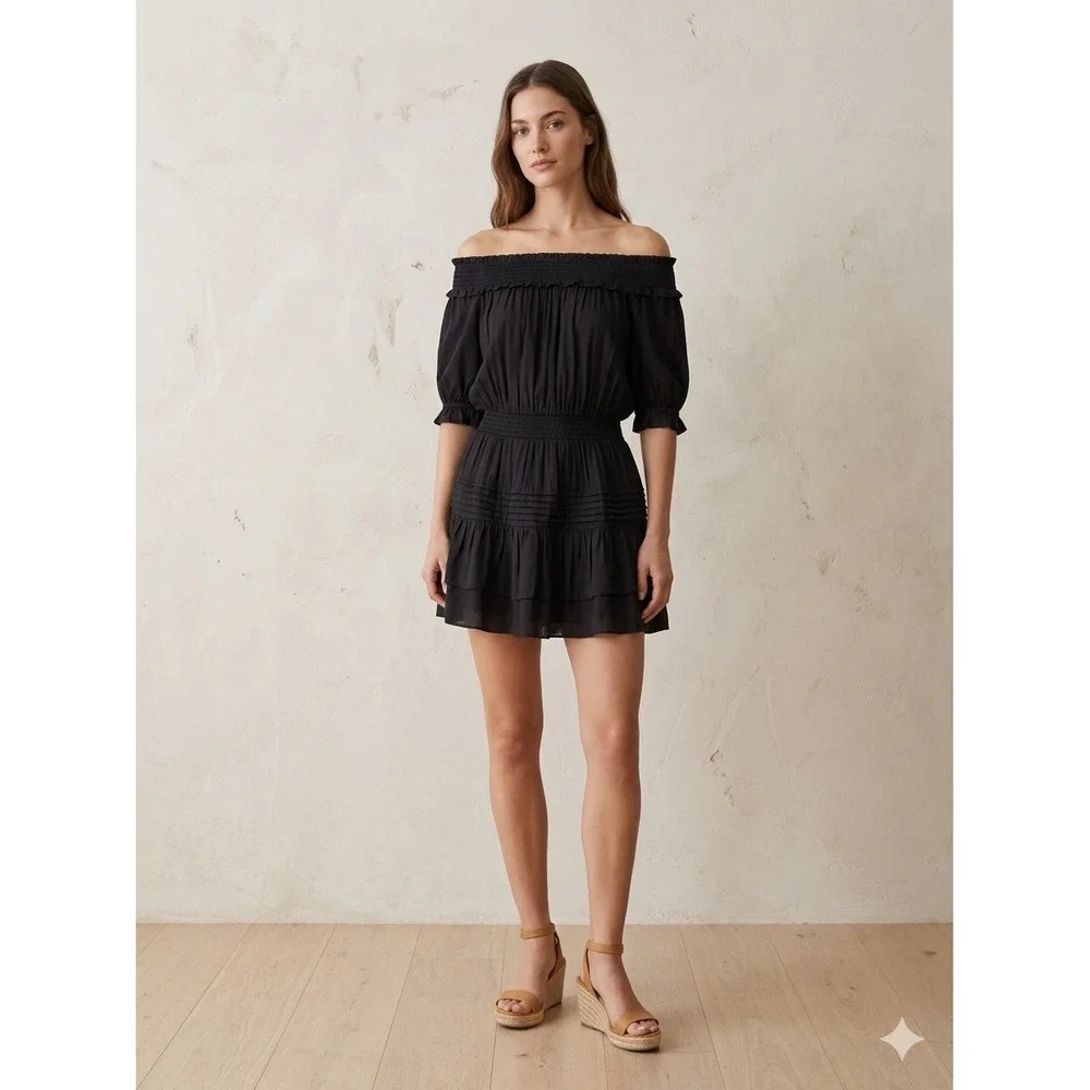 DO+BE Black Smocked Off the Shoulder‎ Tiered Ruffle Mini Dress Y18551 Medium